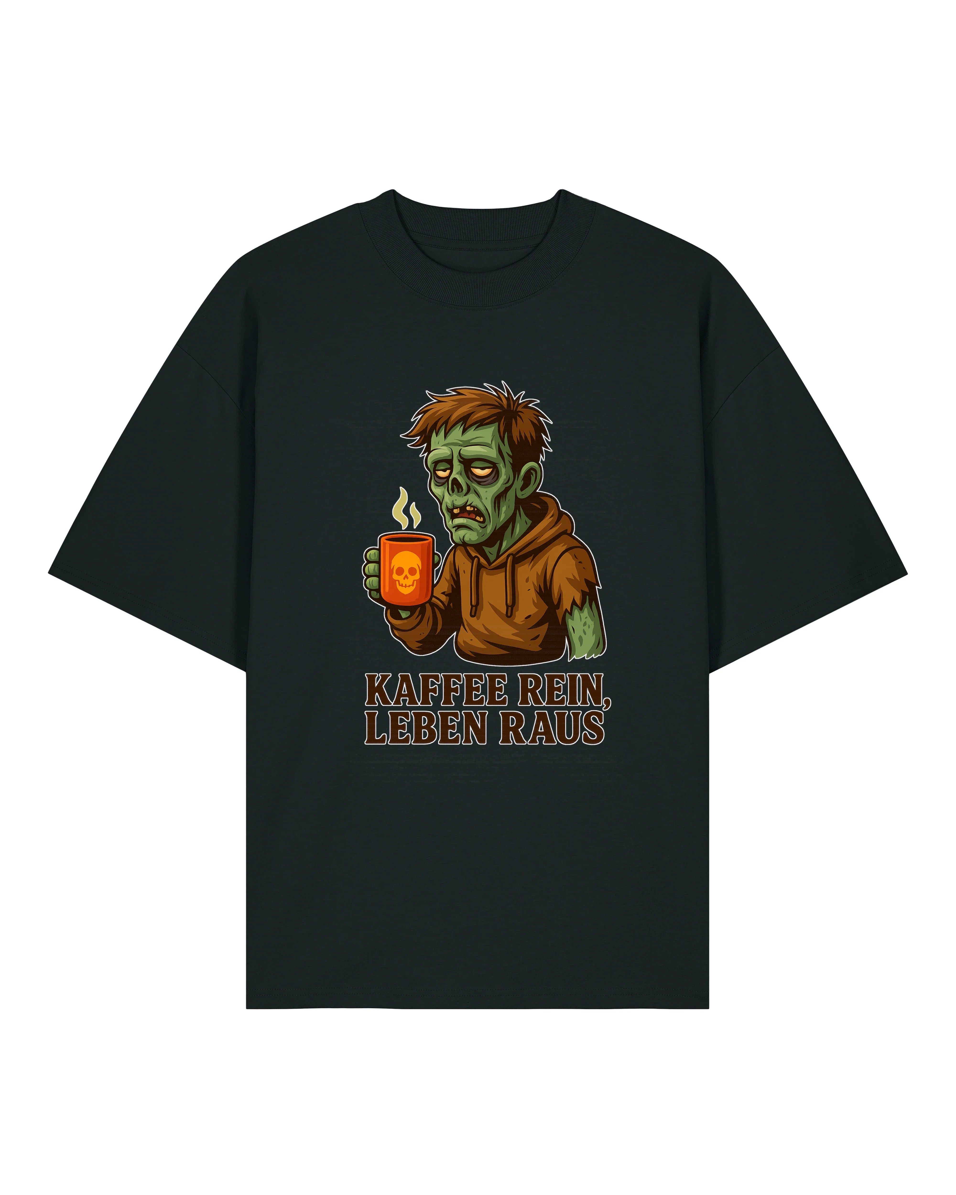 Kaffee rein, Leben raus – Lustiges Kaffee T-Shirt mit Zombie Motiv – teelavo