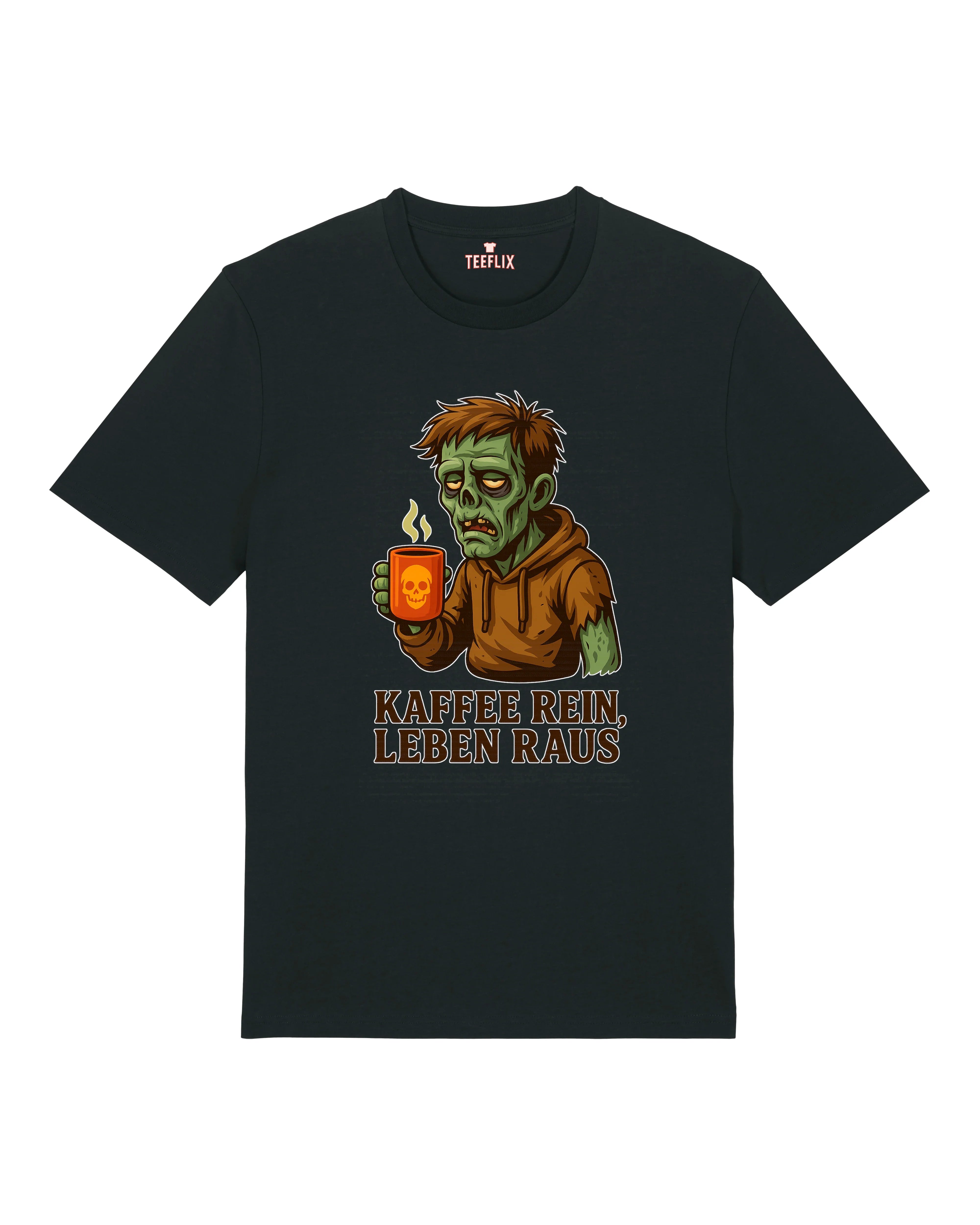 Kaffee rein, Leben raus – Lustiges Kaffee T-Shirt mit Zombie Motiv – teelavo