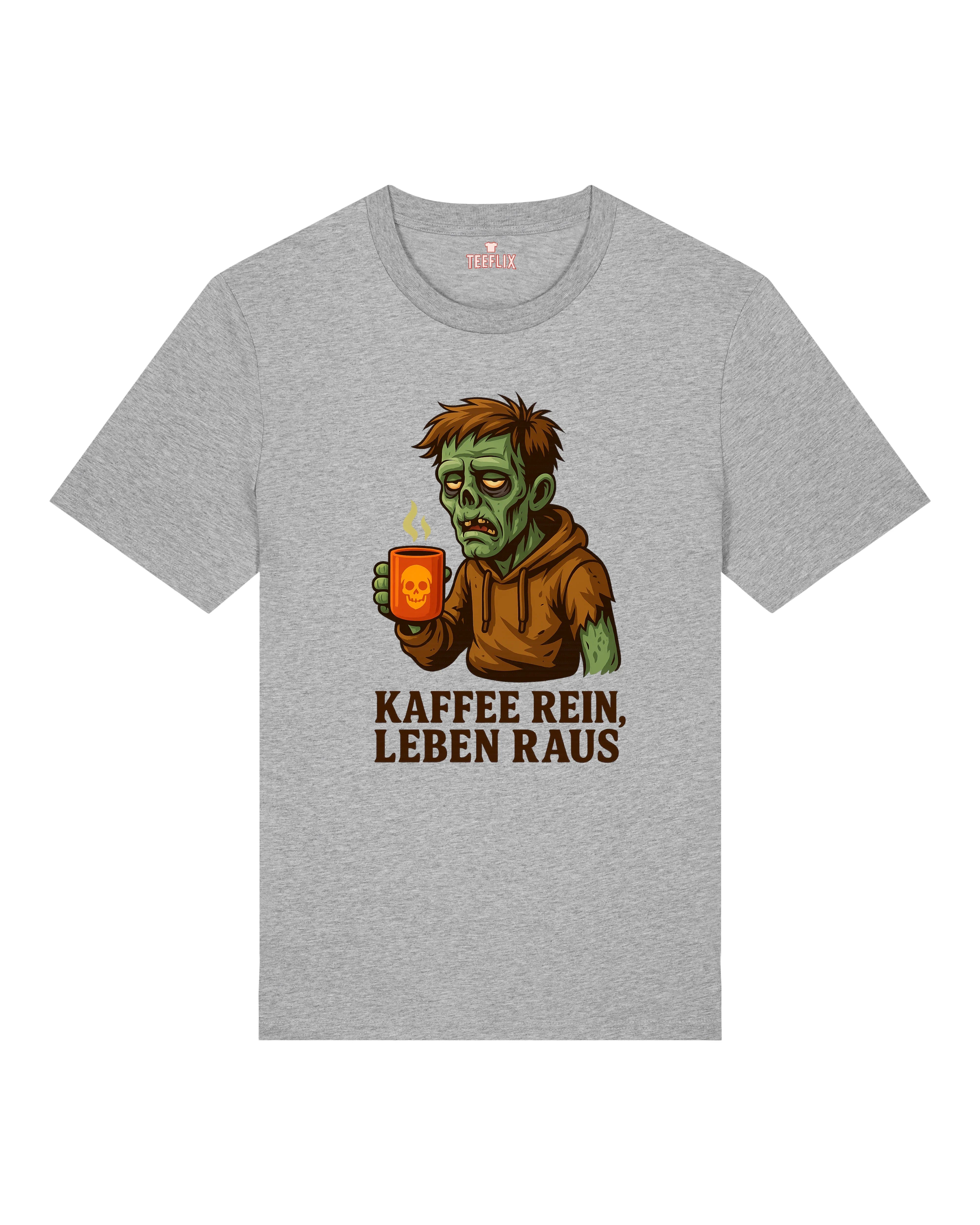 Kaffee rein, Leben raus – Lustiges Kaffee T-Shirt mit Zombie Motiv – teelavo
