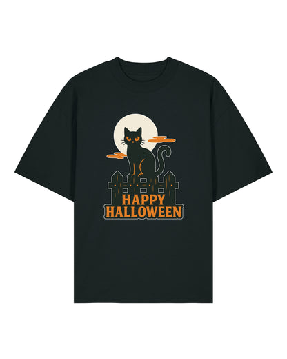 Happy Halloween T-Shirt – Schwarze Katze & Vollmond Motiv | teelavo