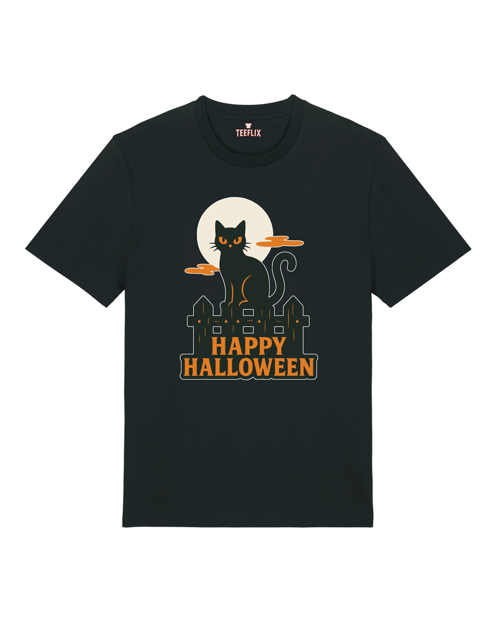 Happy Halloween T-Shirt – Schwarze Katze & Vollmond Motiv | teelavo