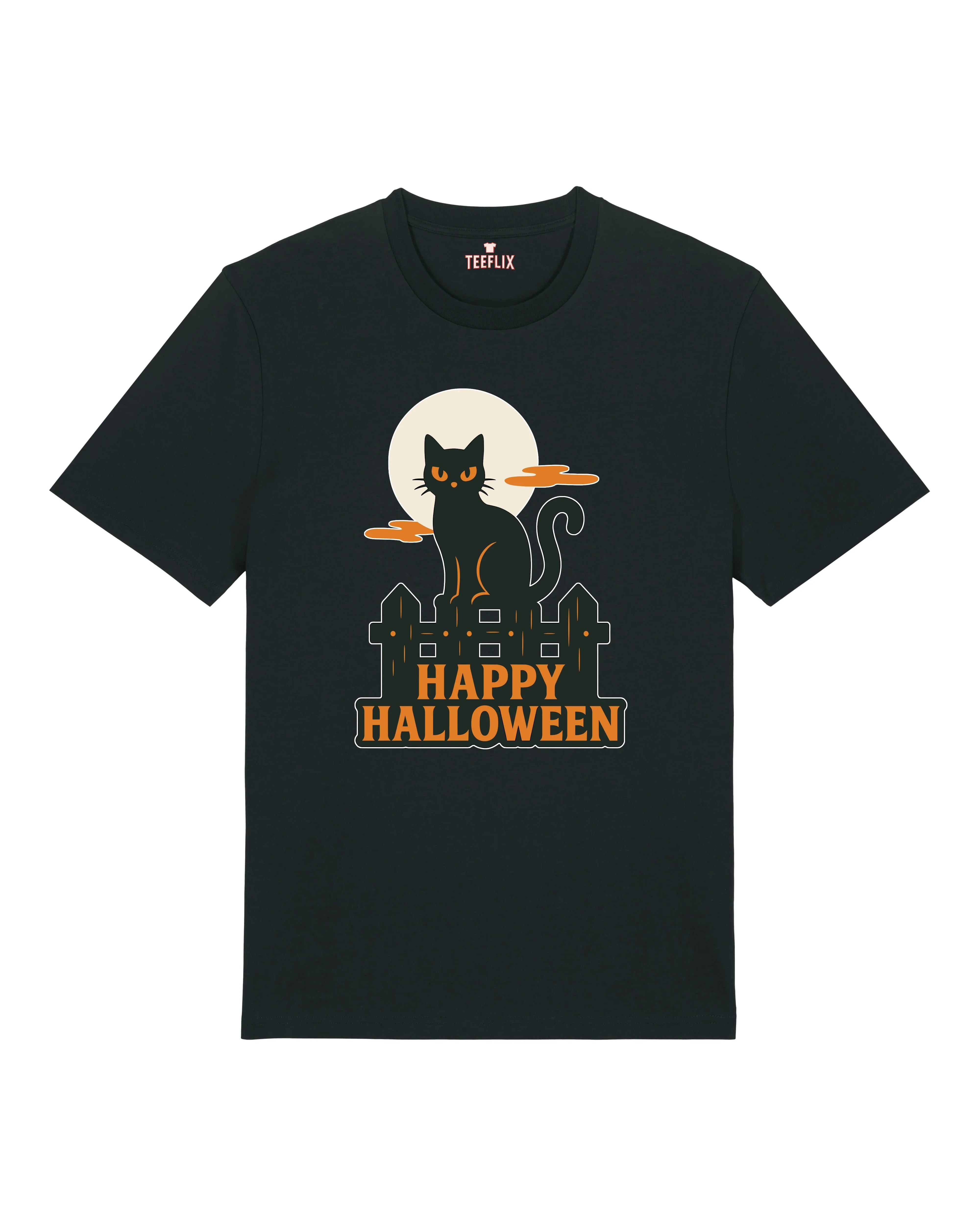 Happy Halloween T-Shirt – Schwarze Katze & Vollmond Motiv | teelavo