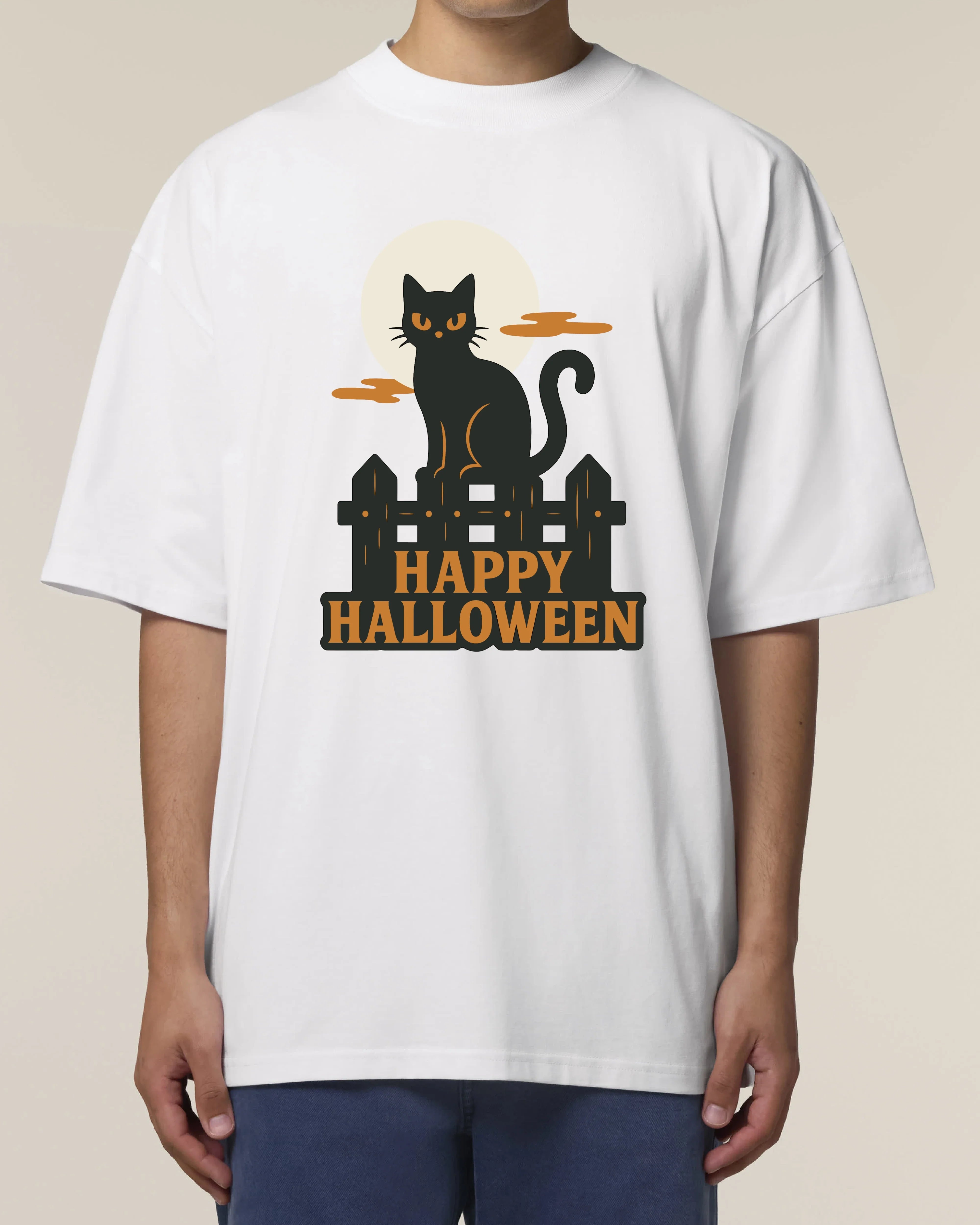 Happy Halloween T-Shirt – Schwarze Katze & Vollmond Motiv | teelavo