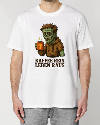 Kaffee rein, Leben raus – Lustiges Kaffee T-Shirt mit Zombie Motiv – teelavo